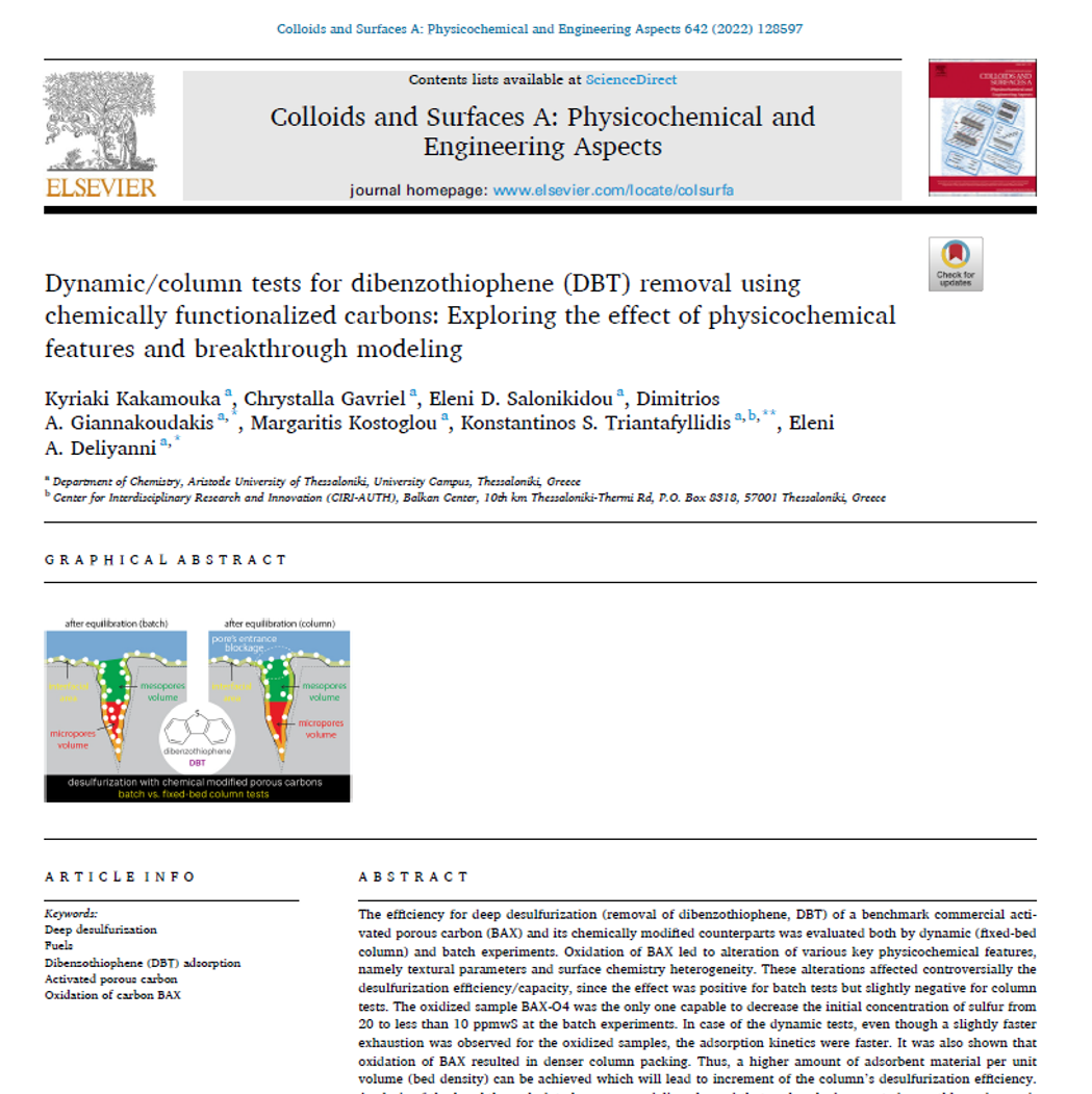 Δημοσίευση της Ομάδας Έργου του ΑΠΘ, στο Colloids and Surfaces A: Physicochemical and Engineering Aspects